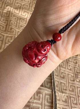 弥勒佛挂件台湾原色朱砂玉佛项链男女盘坐笑佛玉石吊坠送证书