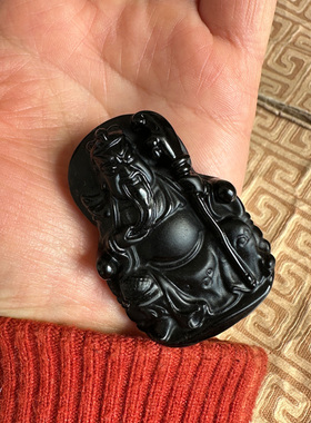 武财神钥匙扣天然黑曜石关公吊坠男女大刀关羽玉佩项链挂件送证书