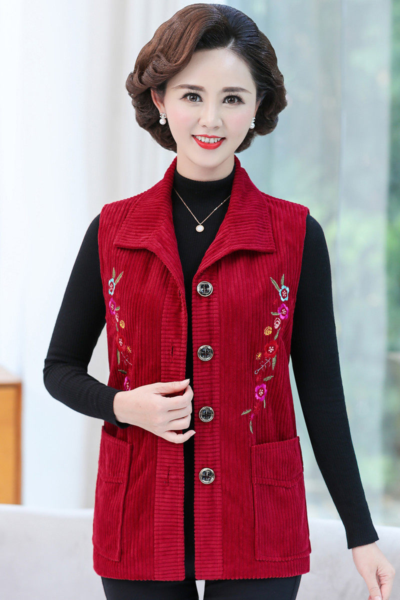 中老年灯芯绒马甲女春秋新款大码妈妈装翻领绣花外套老人马夹背心