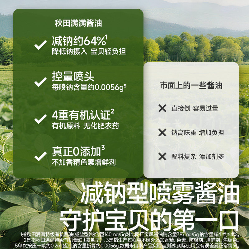 秋田满满有机酱油儿童调味料无添加减盐喷雾拌饭送宝宝婴儿辅食谱