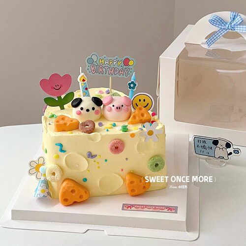 网红ins蛋糕装饰摆件 卡通可爱奶酪小猪小狗小熊蜡烛蛋糕插牌插件 - 图3