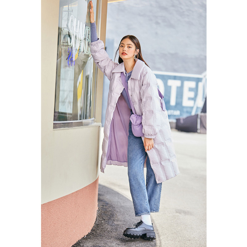 【反季清仓】太平鸟紫色中长款白鸭绒 太平鸟广仁羽绒服