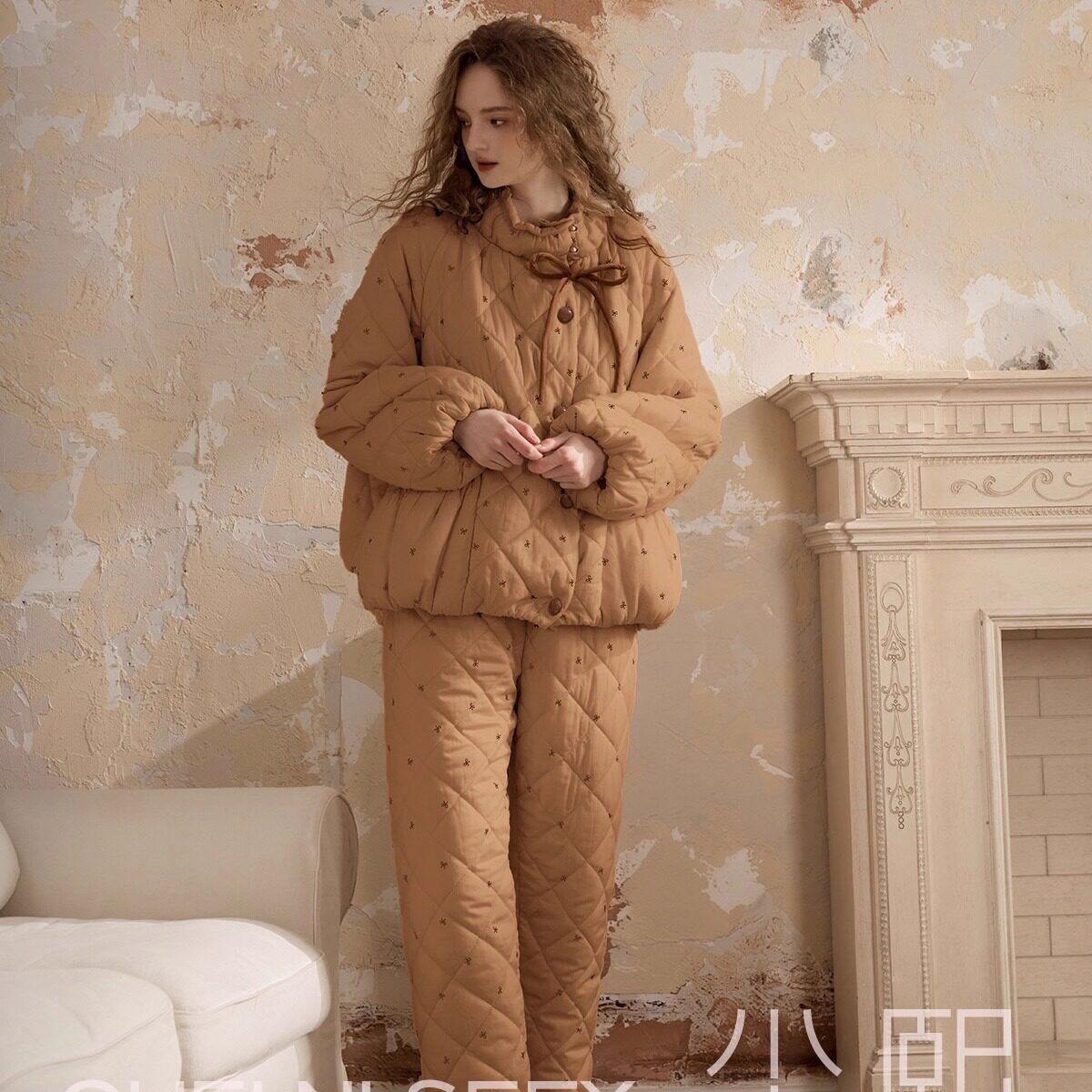 尘熙专柜正品睡衣女冬季加绒加厚三层夹棉保暖甜美家居服纯棉袄套