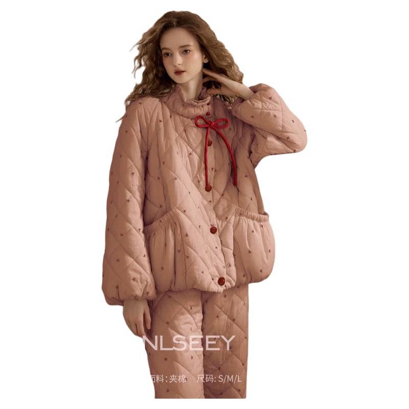 尘熙专柜正品睡衣女冬季加绒加厚三层夹棉保暖甜美家居服纯棉袄套