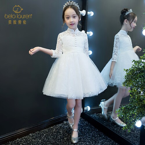 儿童礼服公主裙女童高端白色小女孩花童婚礼生日主持人演出服秋季 - 图3