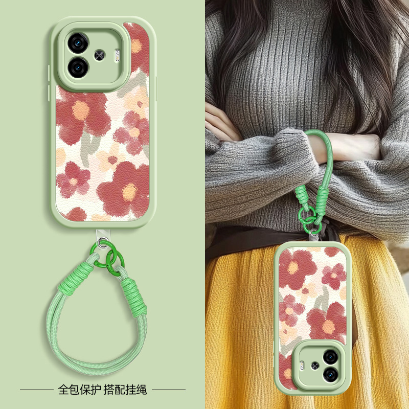 红色小花适用iqooz10turbo手机壳vivoiqooz9turbo+小羊皮iqoo z8/z8x/z7/z7i/z6/z5/z5x新款iqoou3/u1挂绳 - 图1