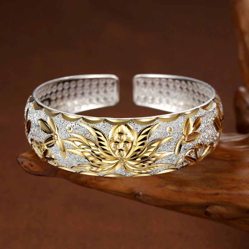 女纯银妈妈款999足银镯子鎏金手镯 饰时代手镯