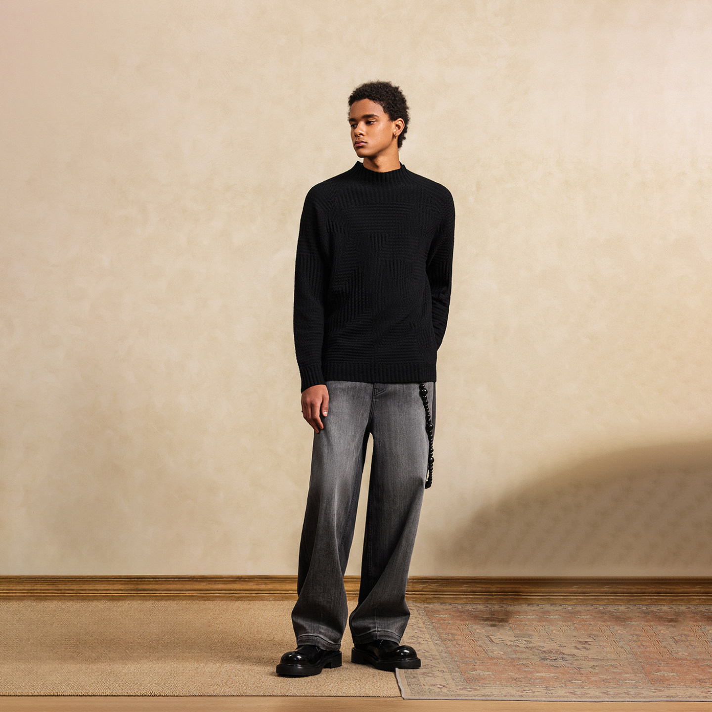 JDV男装黑色毛衣春秋季新款时尚休闲百搭质感中领针织衫WOT5450,淘宝优惠券,粉丝福利购,淘宝优惠卷