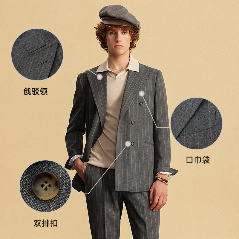 JDV男装春秋新品商场同款深灰条纹西装双排扣西服外套SMM4004,淘宝优惠券,粉丝福利购,淘宝优惠卷
