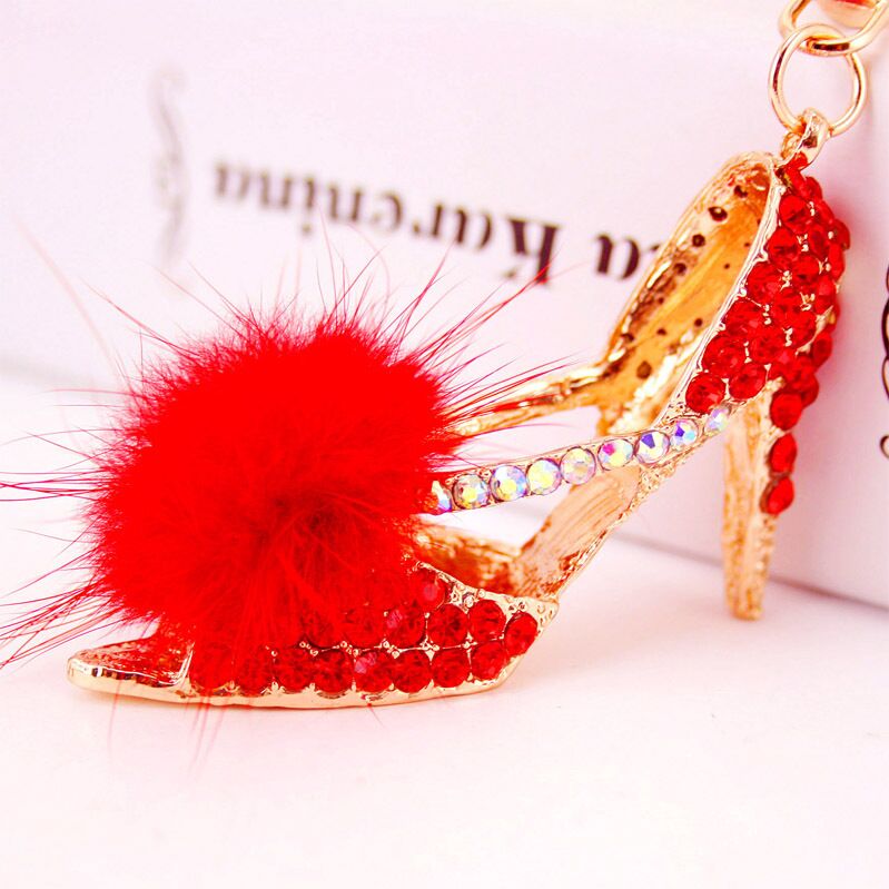 韩国创意镶钻水晶兔毛高跟鞋可爱汽车钥匙扣女包钥匙挂件圈链饰品
