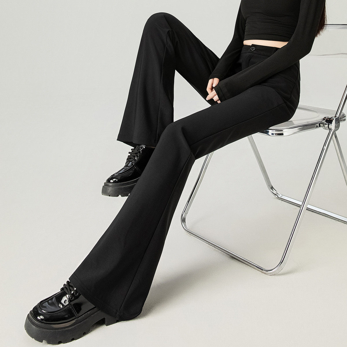 班尼路时尚简约西装小黑裤女秋冬季高腰微喇休闲裤显高显瘦长裤J,淘宝优惠券,粉丝福利购,淘宝优惠卷