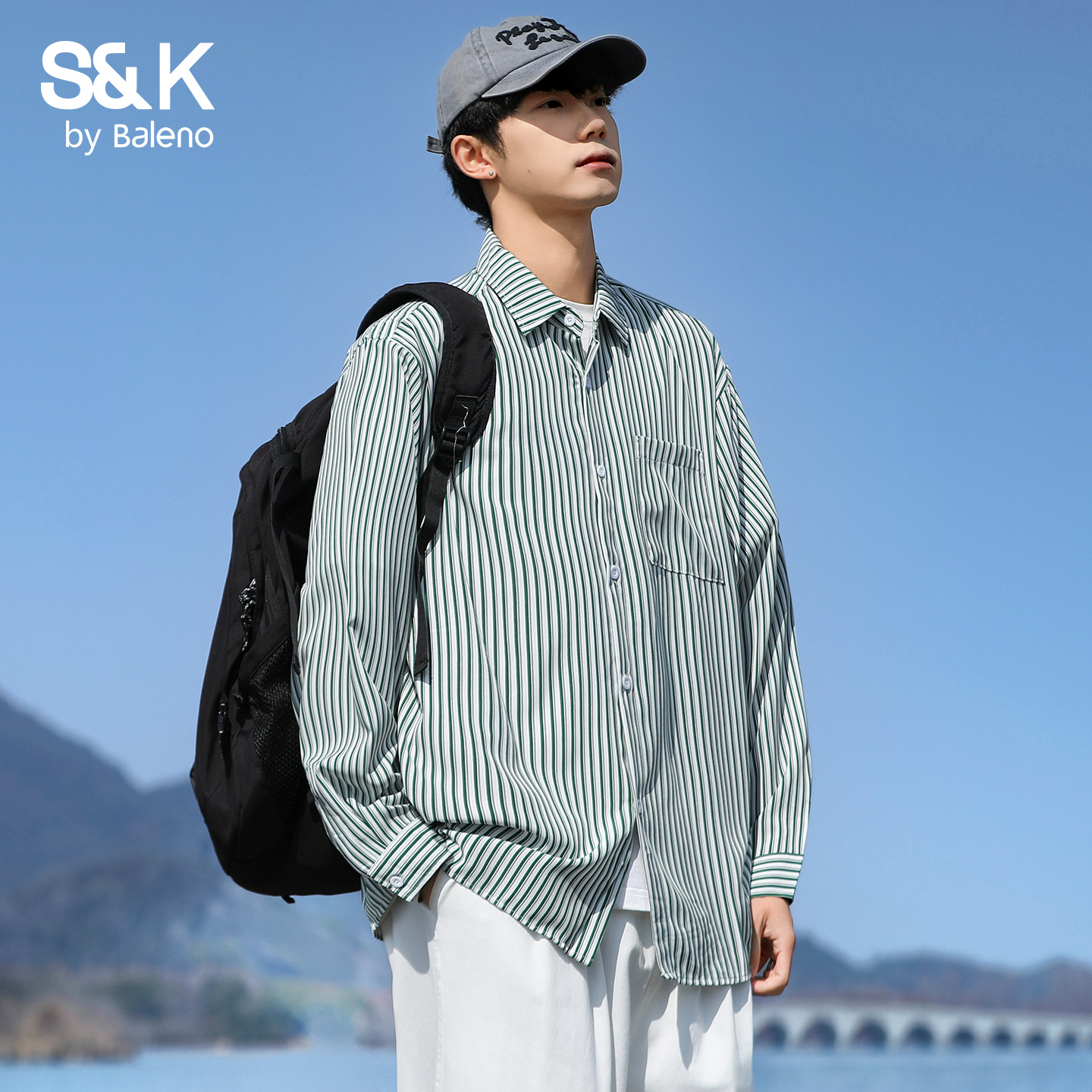 班尼路SK日系条纹长袖衬衫男春秋季新款百搭宽松休闲衬衣外套男MS - 图1