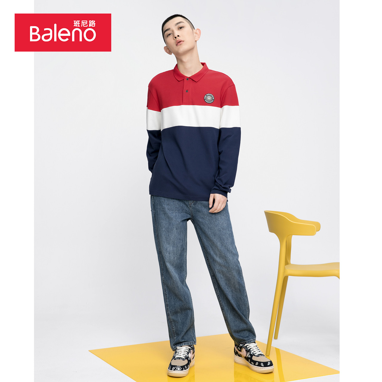班尼路春秋新款撞色长袖男潮polo衫 baleno班尼路Polo衫