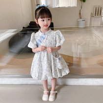 Girls Qipao Dress Summer Dress 2021 New Childrens Short Sleeves Antique Tang Costume Hanfu Skirt Princess Skirt Childrens Dress