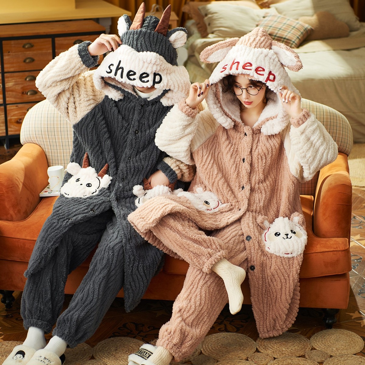 情侣秋冬季珊瑚绒男士可外穿睡袍 恩彩睡衣/家居服套装