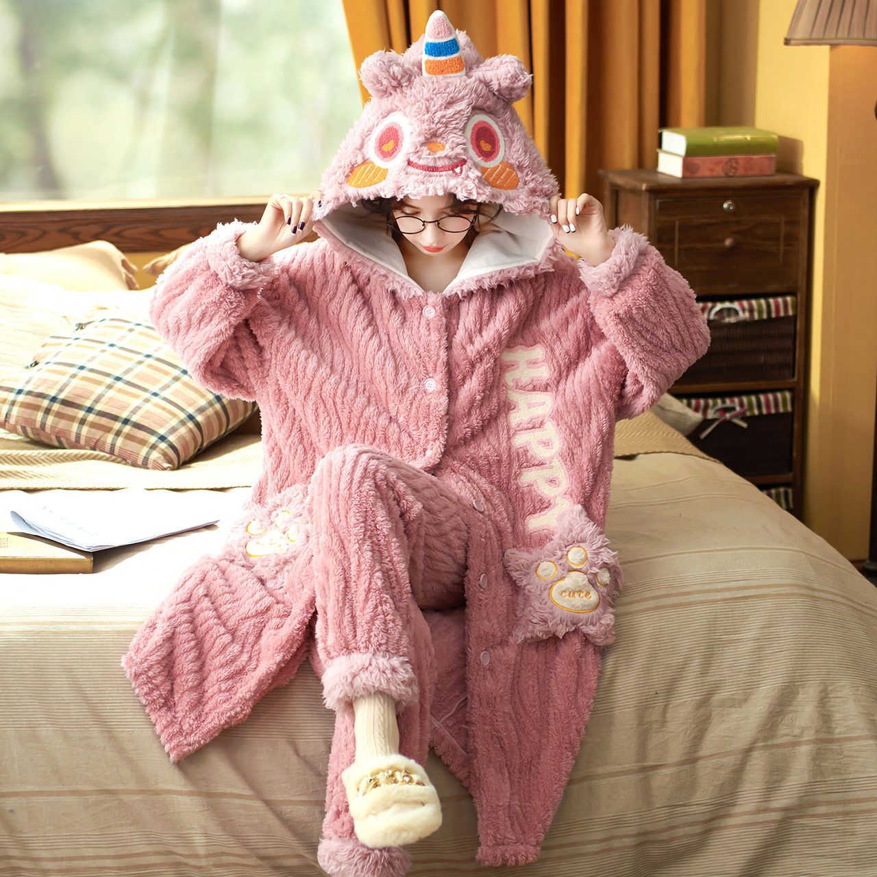 秋冬季珊瑚绒可爱可外穿睡裤睡袍 恩彩睡衣/家居服套装