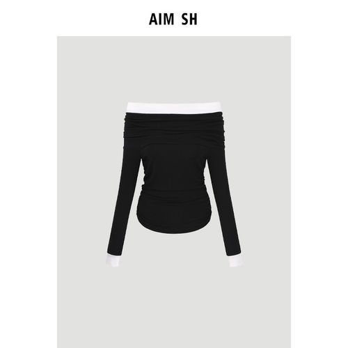 【新品】AIM SH 女士一字肩堆堆收腰显瘦混纺秋季长袖T恤 - 图0