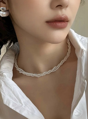 缠绕珍珠项链女法式复古锁骨链简约高级感配饰品