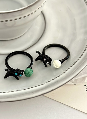 卡通黑猫毛球戒指2024年新款小众时尚个性风百搭精致风小动物指环