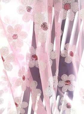 粉嫩色系 天蓝色亮片桃心刺绣双边定位网纱蕾丝面料