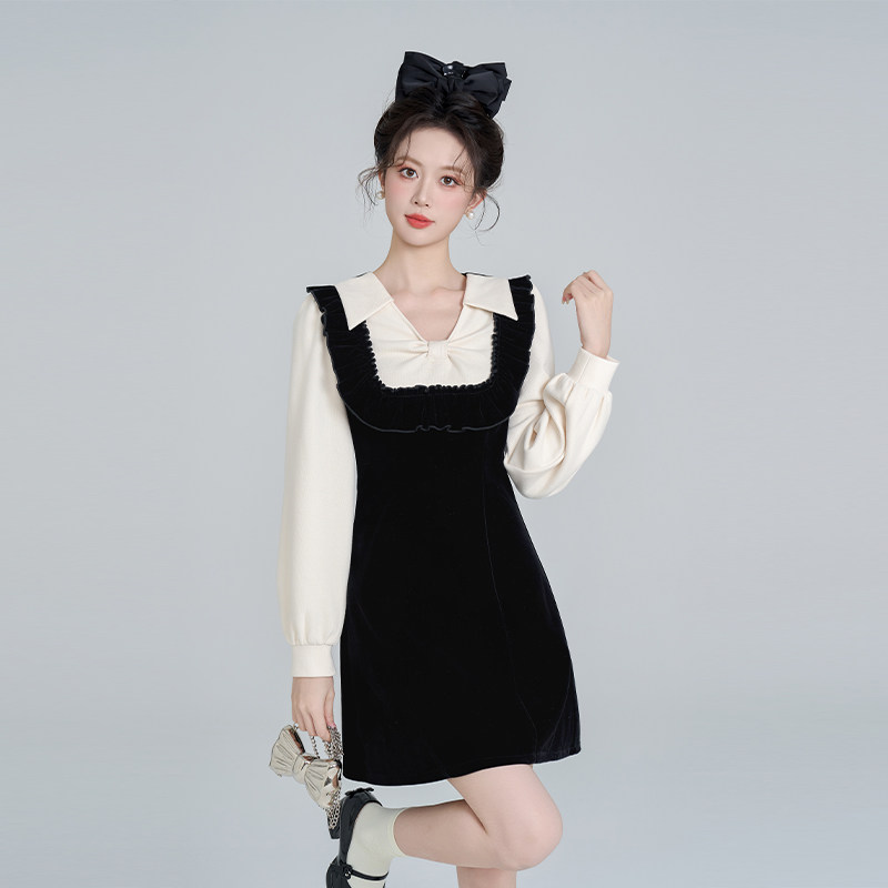 假两件法式v领黑色丝绒连衣裙女冬季富家千金风小香风打底a字裙子