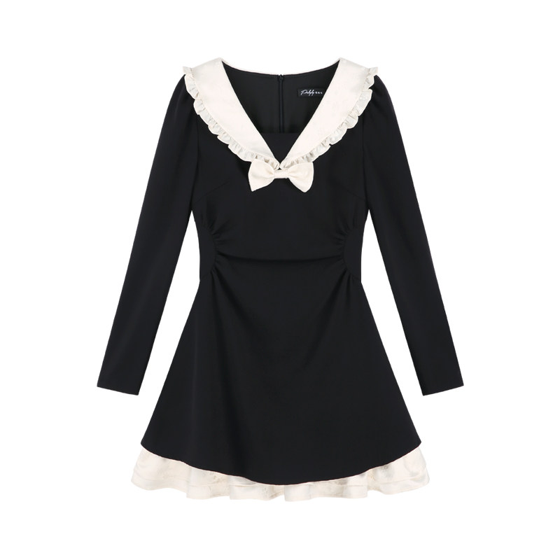 法式黑色娃娃领收腰长袖连衣裙女秋冬气质收腰假两件蓬蓬少女短裙 - 图3