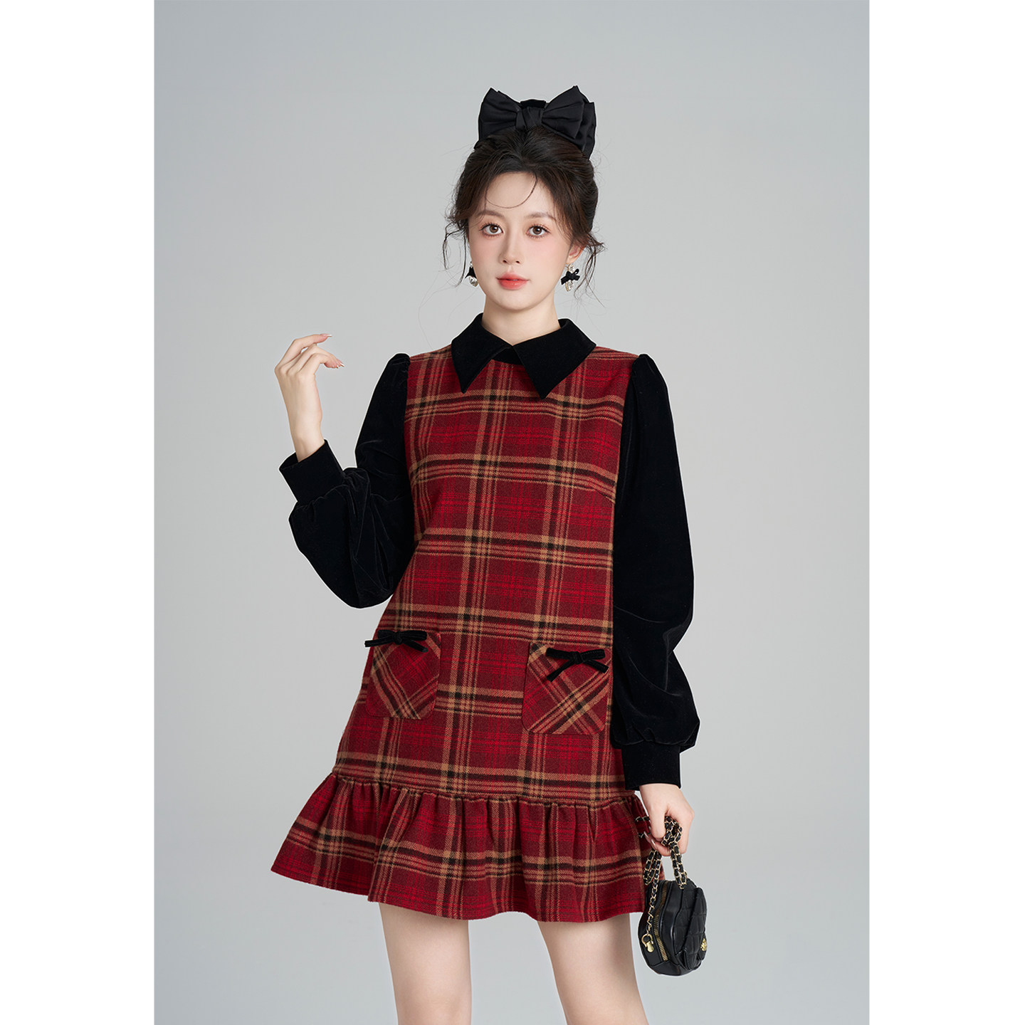 Palglg小香风圣诞穿搭红色格子连衣裙女冬季拼接丝绒直筒娃娃裙子,淘宝优惠券,粉丝福利购,淘宝优惠卷