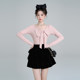 French small fragrance pink v-neck sweater for women in spring and autumn