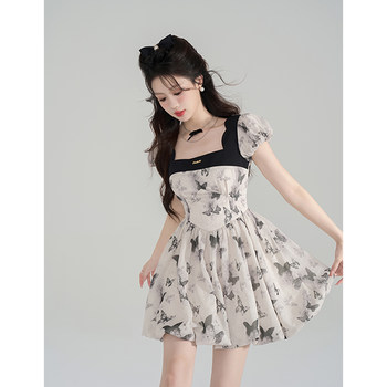 Butterfly print neck square French dress women's summer new puff sleeve waist A-line baby dress bud skirt