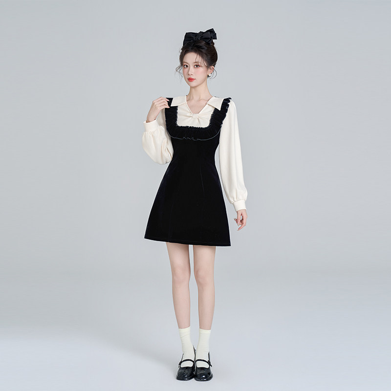 假两件法式v领黑色丝绒连衣裙女冬季富家千金风小香风打底a字裙子