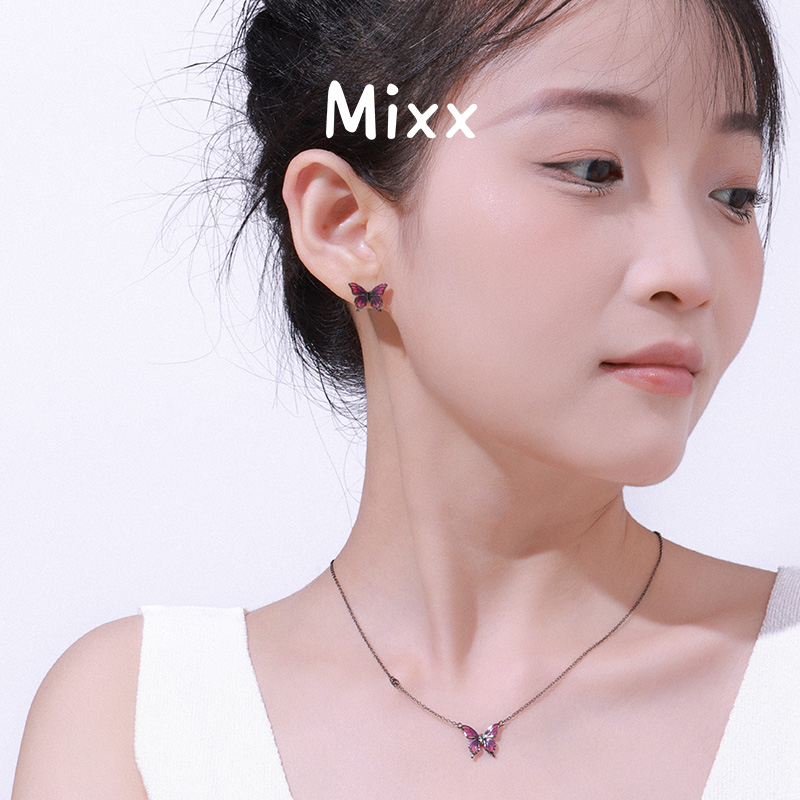 Mixx饰品纯银女原创彩色珐琅蝴蝶耳钉耳线耳骨夹无耳洞520礼物 - 图0