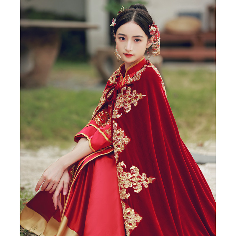 秀禾披风新娘结婚丝绒外搭中式古装 美伦姿秀风衣