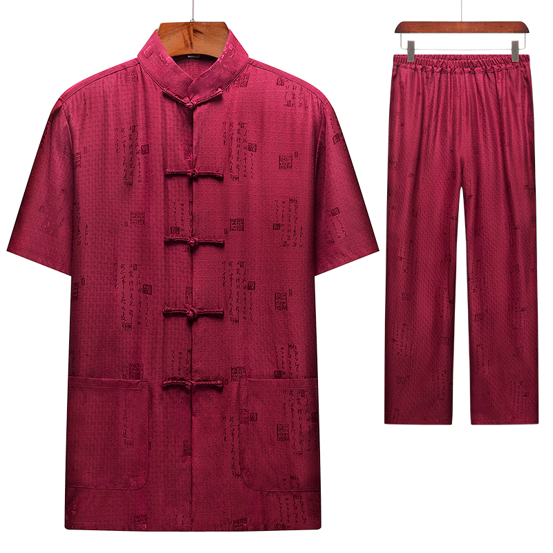 中老年人唐装男夏季桑蚕丝太极服 君子企鹅民族服装