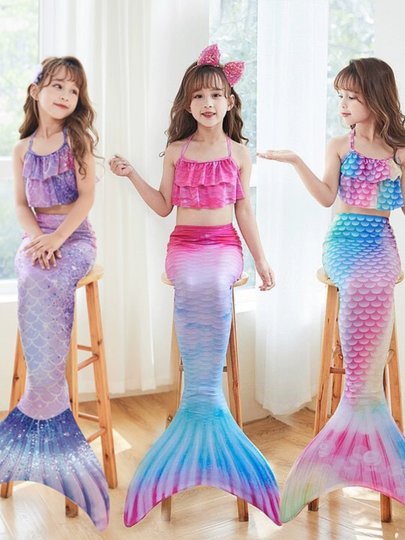 Детский купальник-русалка, купальник для выступлений, комплект из трех предметов, рыбий хвост, большой, средний и маленький костюм принцессы с юбкой для девочек