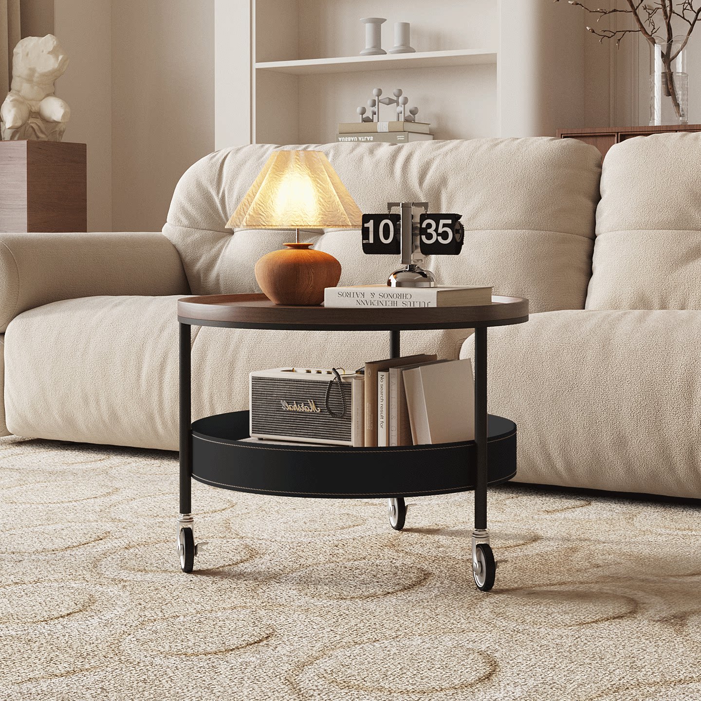 法式中古风家用客厅可移动复古小推车茶几轻奢高级感圆形小桌子