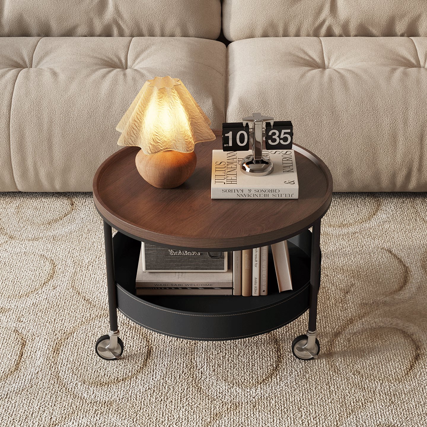 法式中古风家用客厅可移动复古小推车茶几轻奢高级感圆形小桌子