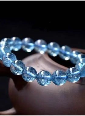 新品海蓝宝天然爆花水晶手串半宝石手链蓝色佛珠情侣转运蓝色晶饰