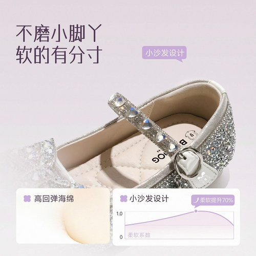 巴布豆真皮软底女童水晶鞋爱莎公主鞋2026春秋新款中大童百搭单鞋 - 图2