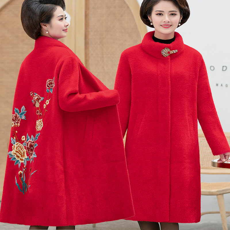妈妈秋冬中长款毛呢外套水貂绒大衣 美牧莲中老年女装