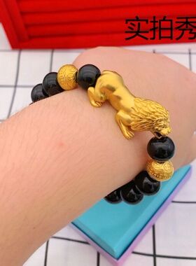 爆款越南沙金男士手链镀金老虎霸气黑曜石手串久不掉色铜合金手链