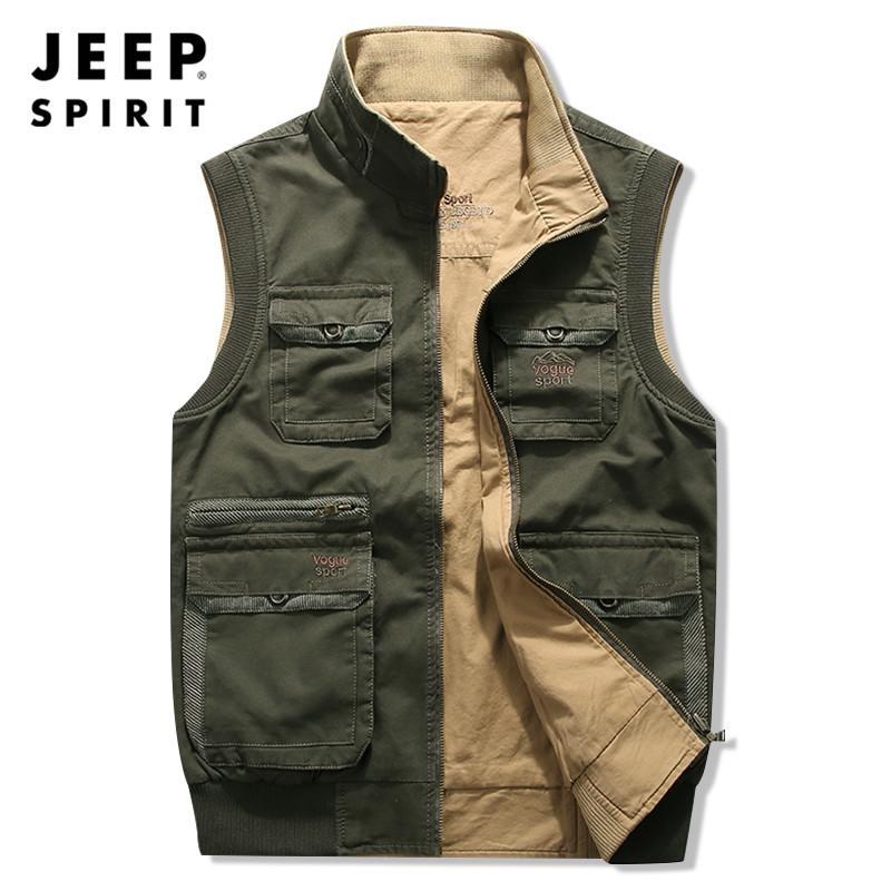 吉普JEEP工装马甲男士春秋户外双面穿大码加肥加大多口袋纯棉外套,淘宝优惠券,粉丝福利购,淘宝优惠卷