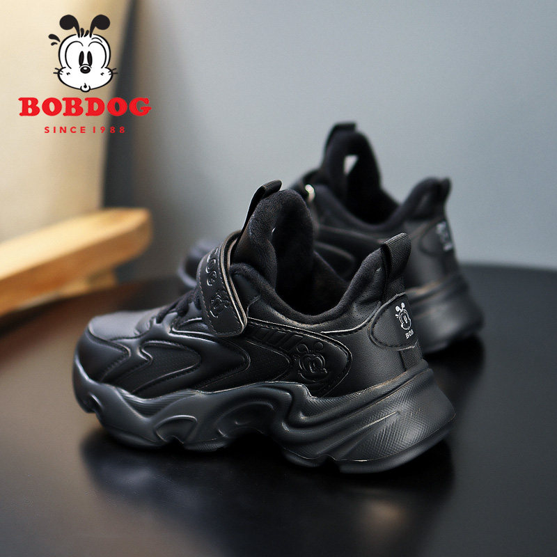 巴布豆儿童运动鞋冬季皮面防水黑色男女童加绒二棉保暖跑步小黑鞋-图0