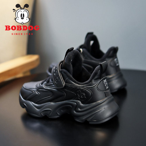 巴布豆儿童运动鞋冬季皮面防水黑色男女童加绒二棉保暖跑步小黑鞋 - 图0