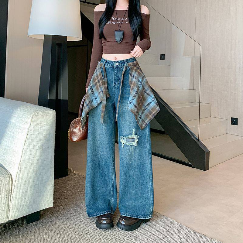 格子屁帘设计感高街直筒牛仔裤女秋季2025新款高腰显瘦破洞阔腿裤,淘宝优惠券,粉丝福利购,淘宝优惠卷