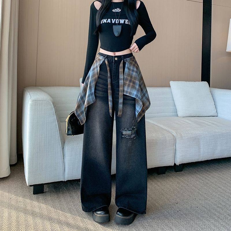 格子屁帘设计感高街直筒牛仔裤女秋季2025新款高腰显瘦破洞阔腿裤,淘宝优惠券,粉丝福利购,淘宝优惠卷