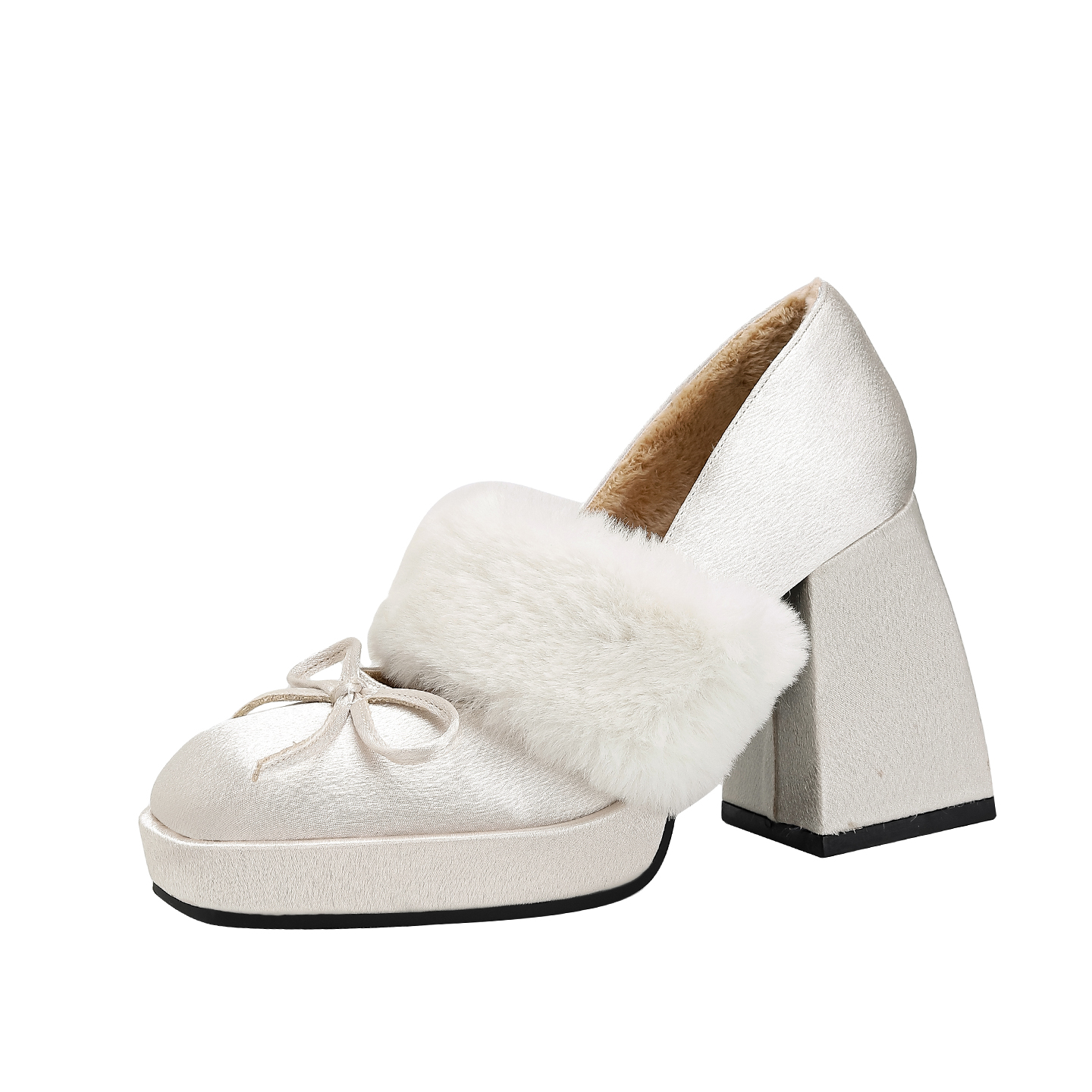 法式绝美白色玛丽珍毛毛鞋秋冬加绒外穿厚底礼服千金风高跟鞋粗跟 - 图3