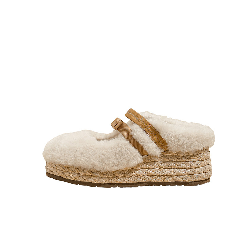 一脚蹬白色玛丽珍毛毛鞋女坡跟蝴蝶结单鞋冬季加绒厚底渔夫鞋半拖,淘宝优惠券,粉丝福利购,淘宝优惠卷