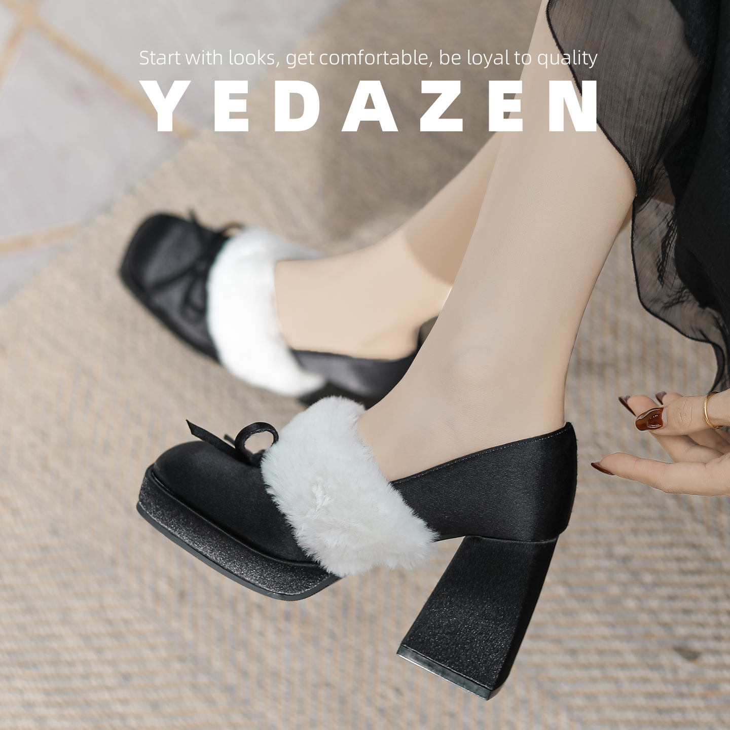 法式绝美白色玛丽珍毛毛鞋秋冬加绒外穿厚底礼服千金风高跟鞋粗跟 - 图2