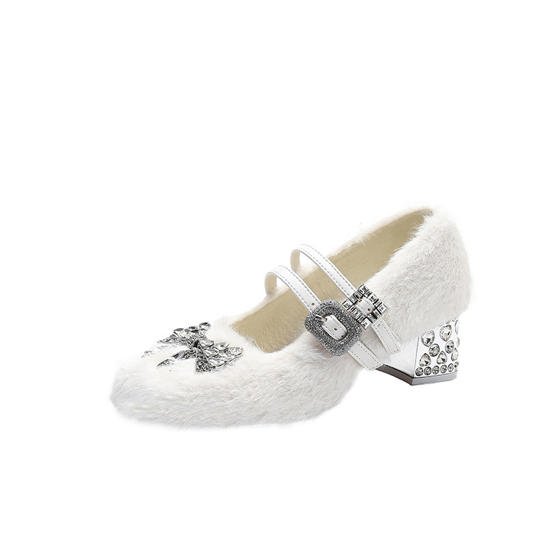 高级感貂毛毛鞋外穿粗跟水钻单鞋女冬季加绒白色方头玛丽珍高跟鞋,淘宝优惠券,粉丝福利购,淘宝优惠卷