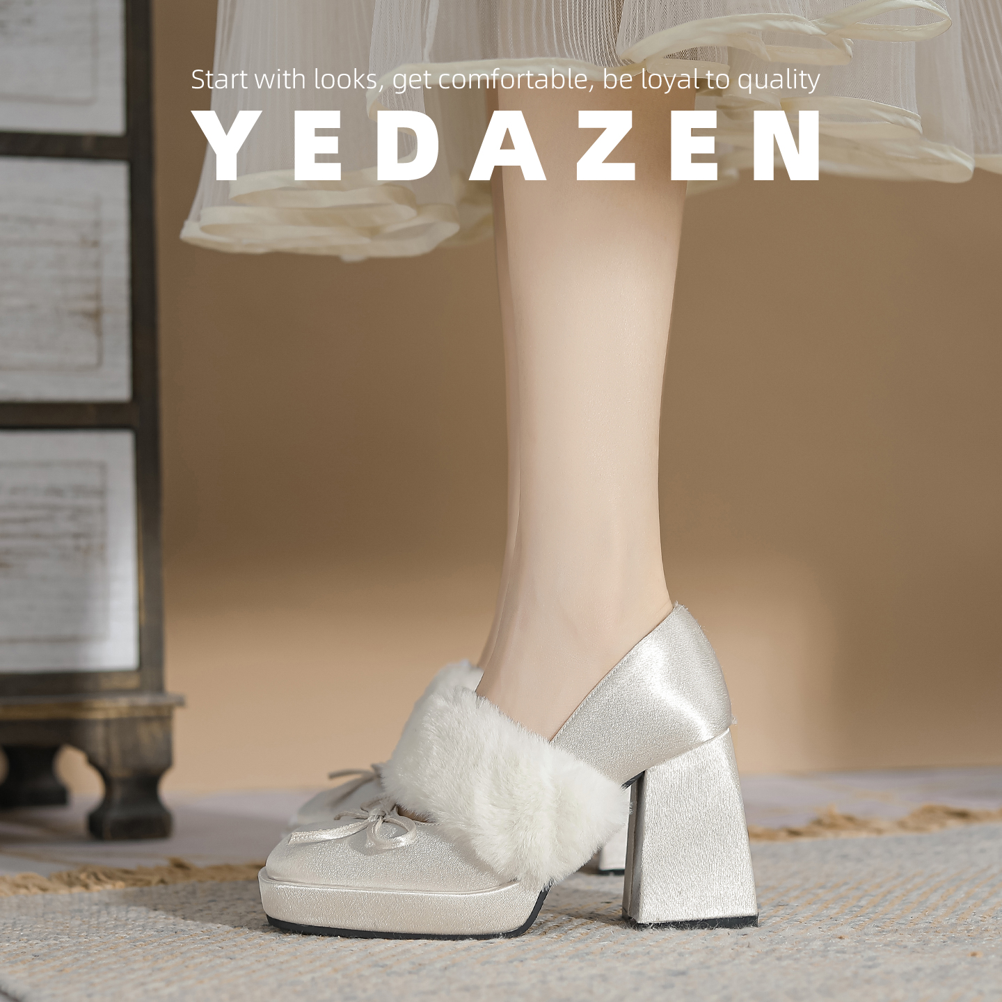 法式绝美白色玛丽珍毛毛鞋秋冬加绒外穿厚底礼服千金风高跟鞋粗跟 - 图0